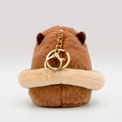 Back view of capybara plush keychain with gold key ring
