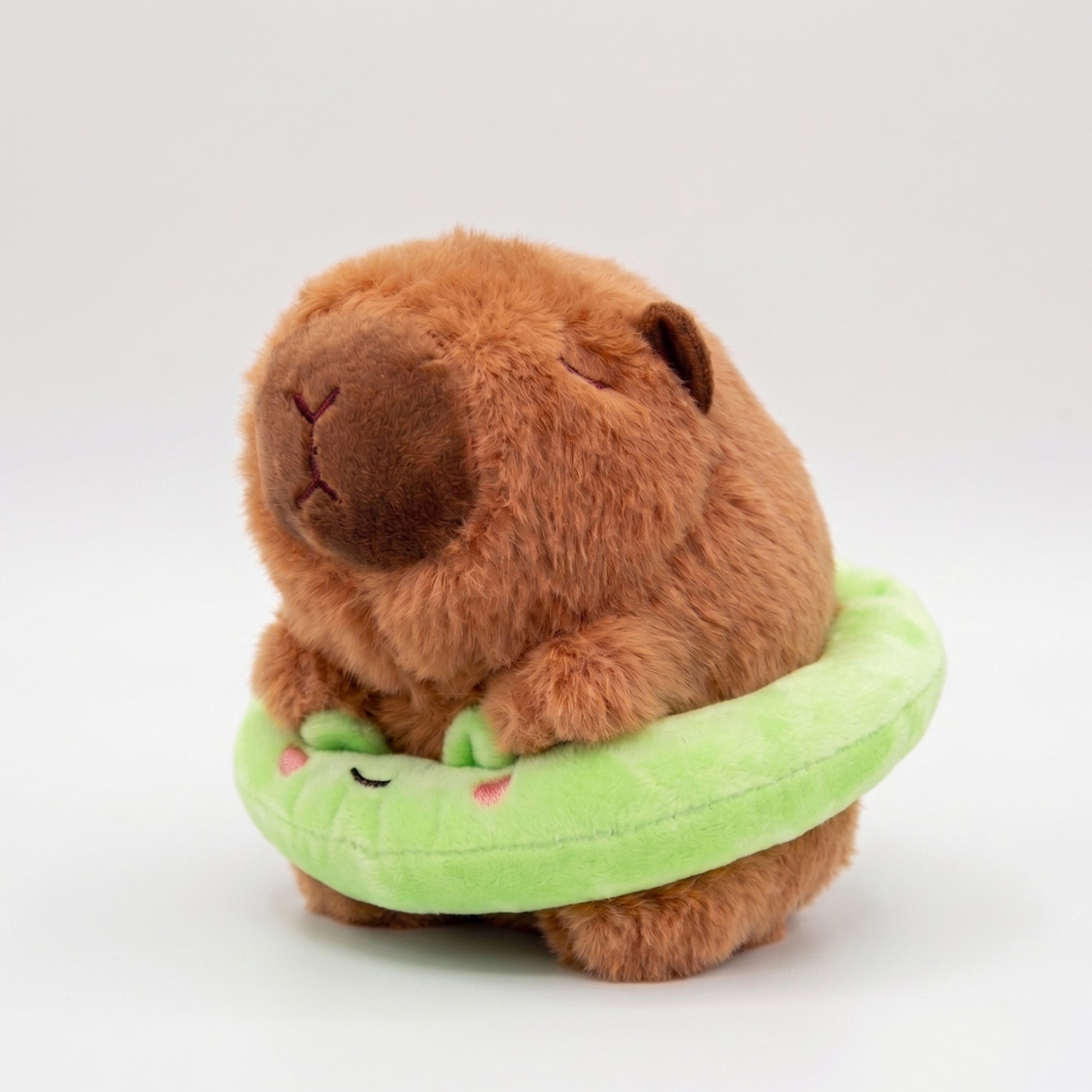 Soft Capybara plush wearing a bright green floatie with a frog face