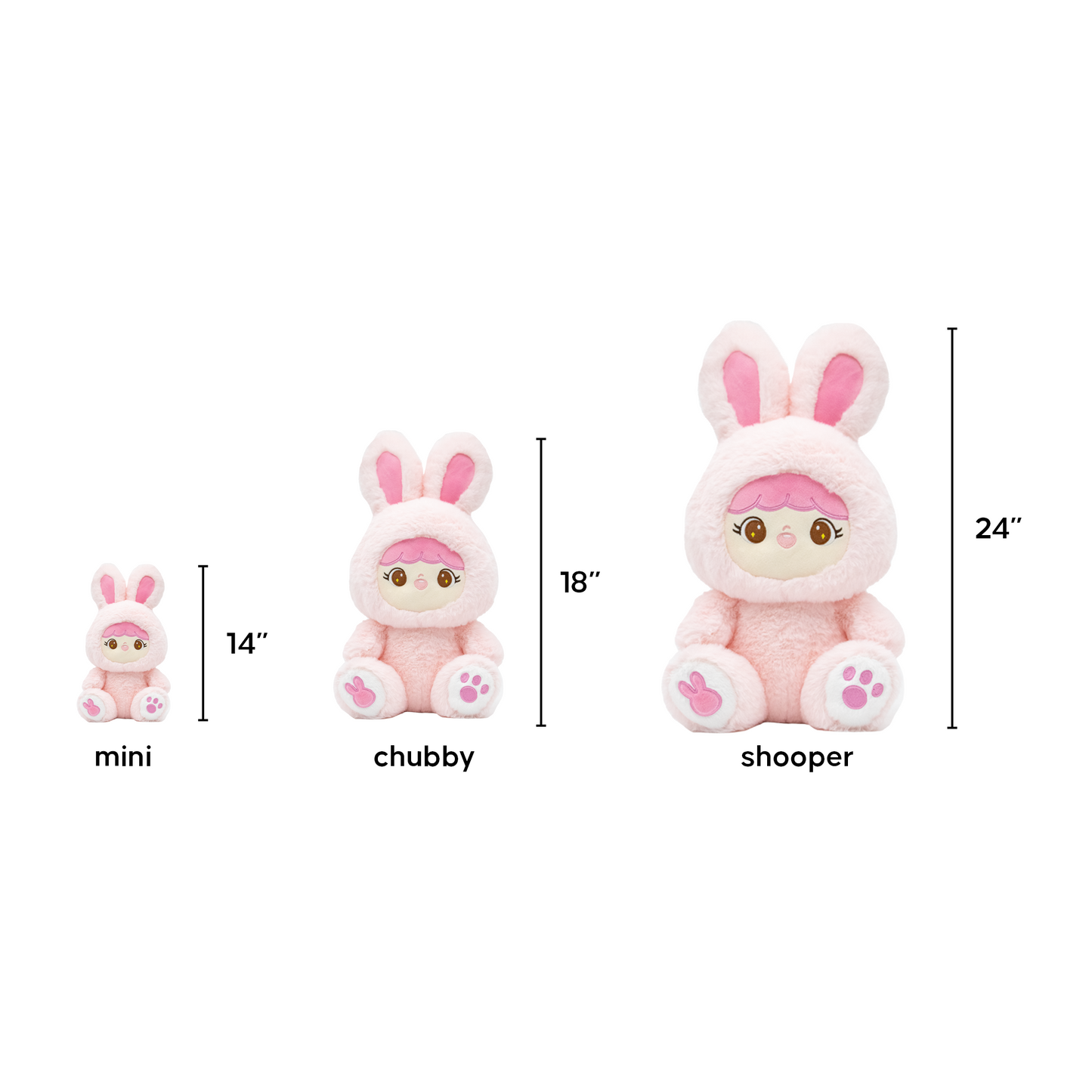 Three sizes (mini, chubby, shooper) of Pink Bunny Shoobi with dimensions labeled on a white background