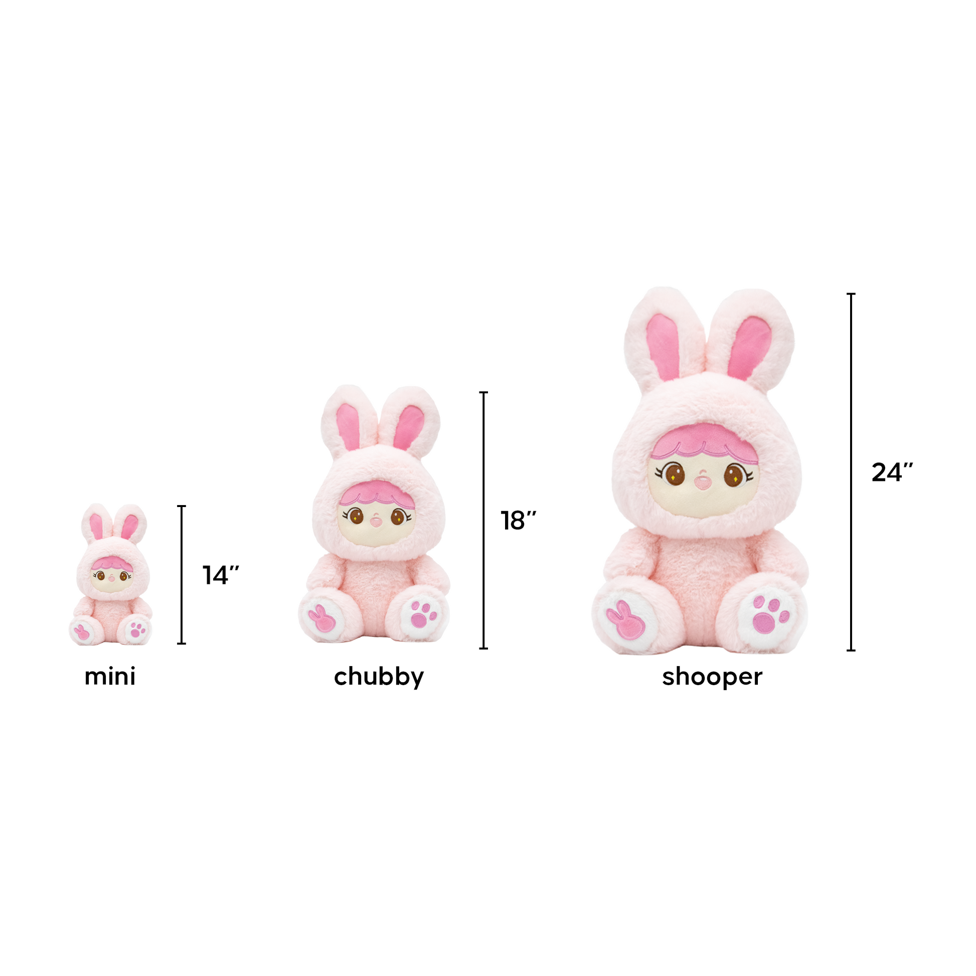 Three sizes (mini, chubby, shooper) of Pink Bunny Shoobi with dimensions labeled on a white background