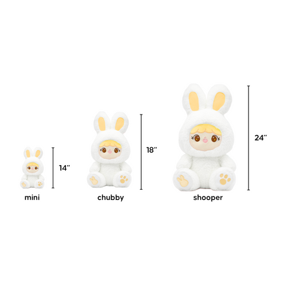 Three sizes (mini, chubby, shooper) of White Bunny Shoobi with dimensions labeled on a white background