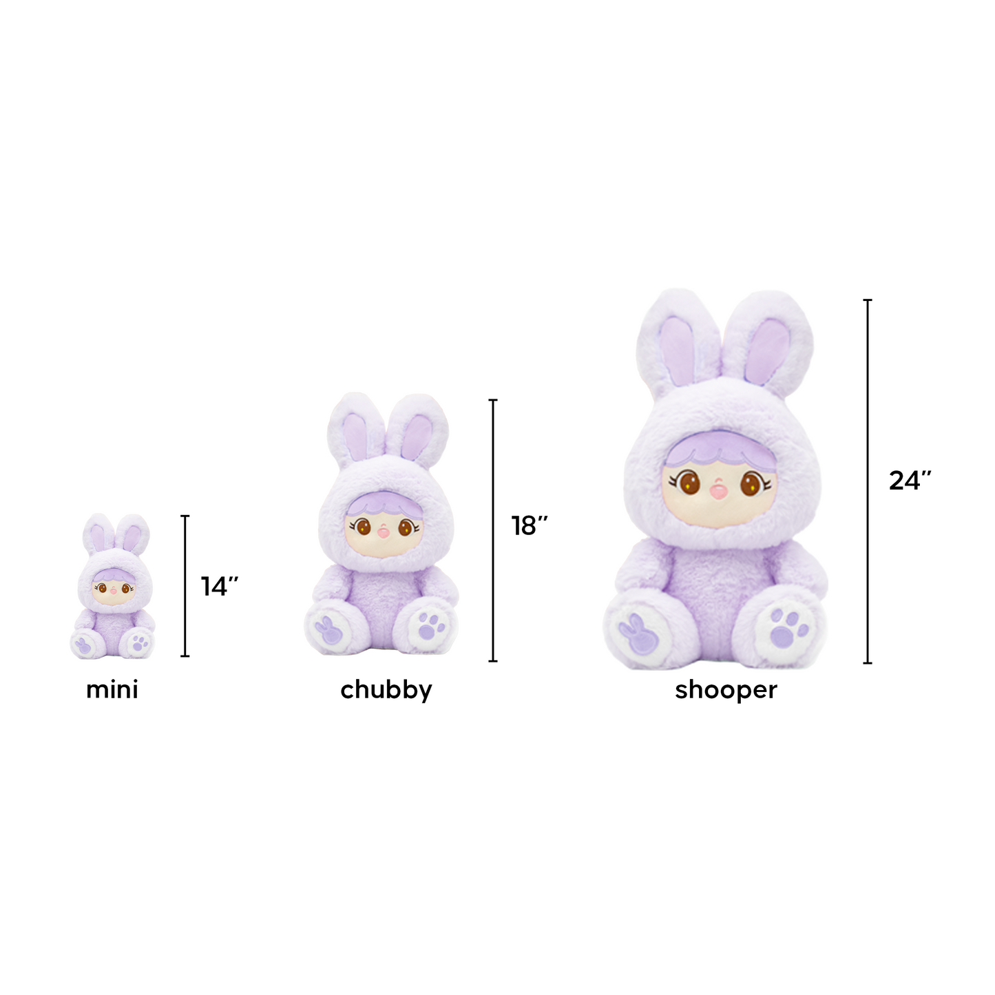 Three sizes (mini, chubby, shooper) of Purple Bunny Shoobi with dimensions labeled on a white background