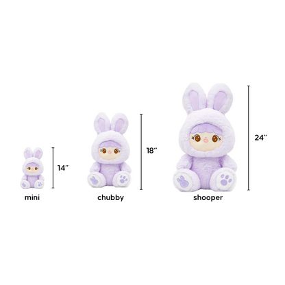 Three sizes (mini, chubby, shooper) of Purple Bunny Shoobi with dimensions labeled on a white background
