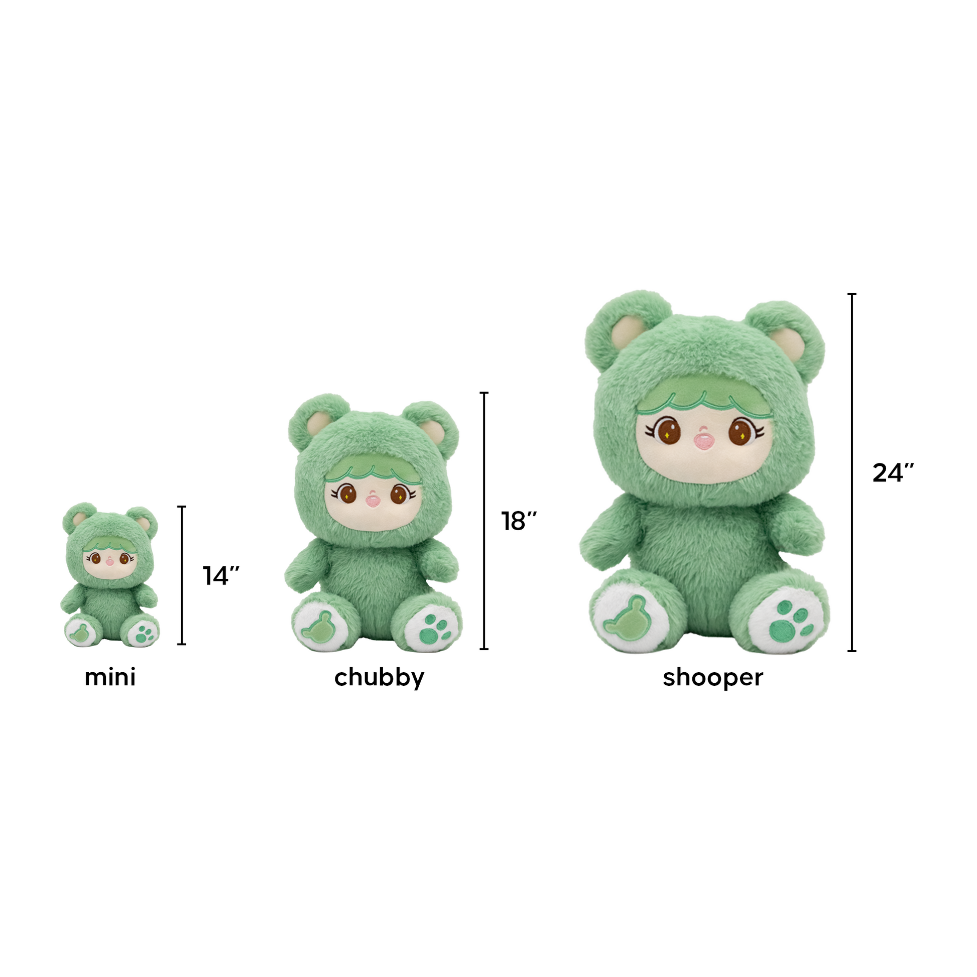 Green Shoobi with size chart indicating mini, chubby, and shoooper dimensions on a white background.