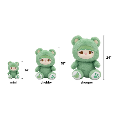 Green Shoobi with size chart indicating mini, chubby, and shoooper dimensions on a white background.