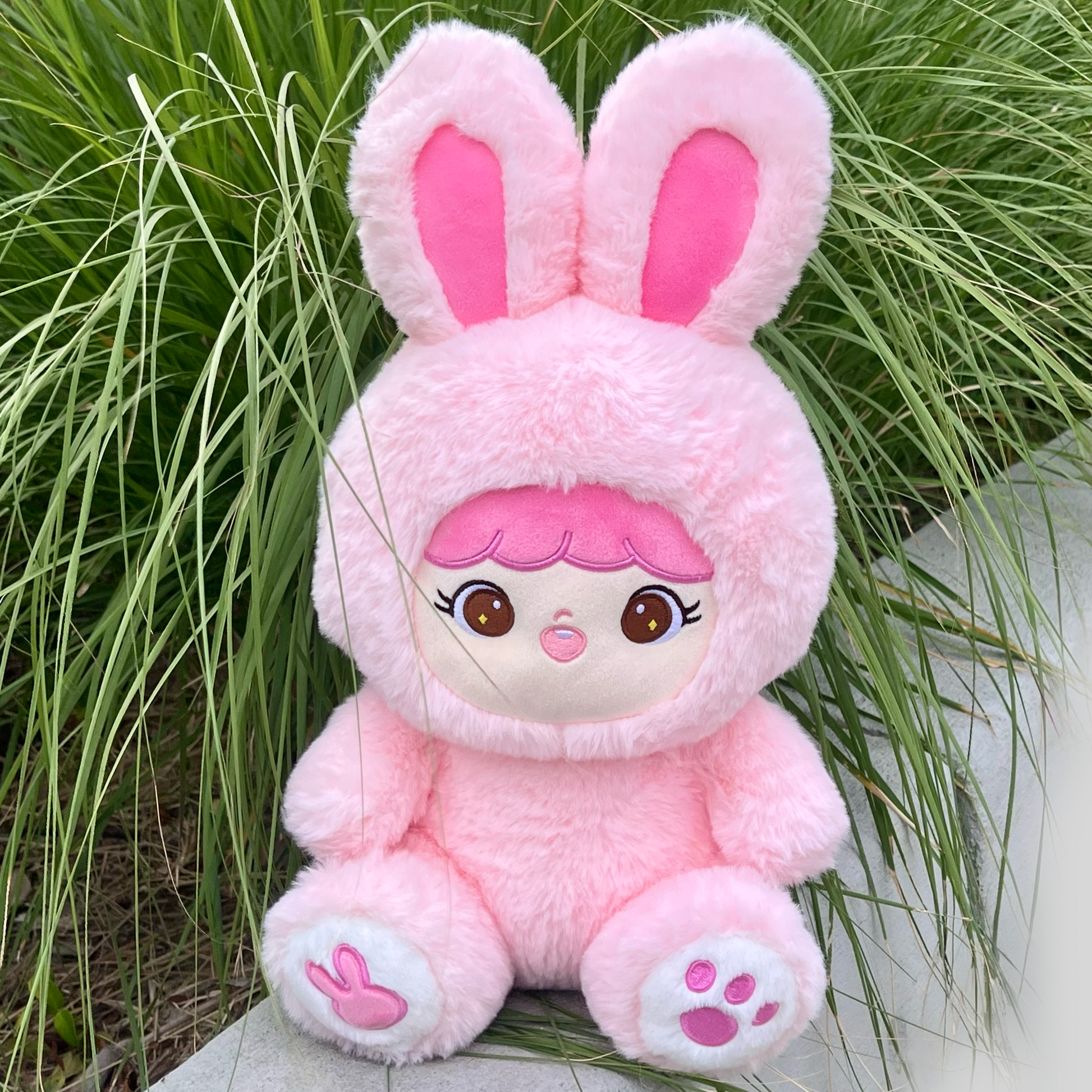 Shoobi sitting in lifestyle setting in front of green plant